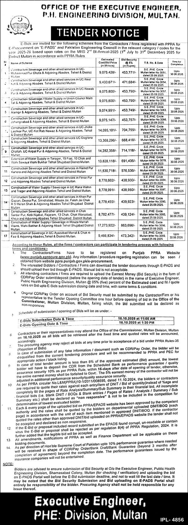 P.H Engineering Division Multan Tender Notice